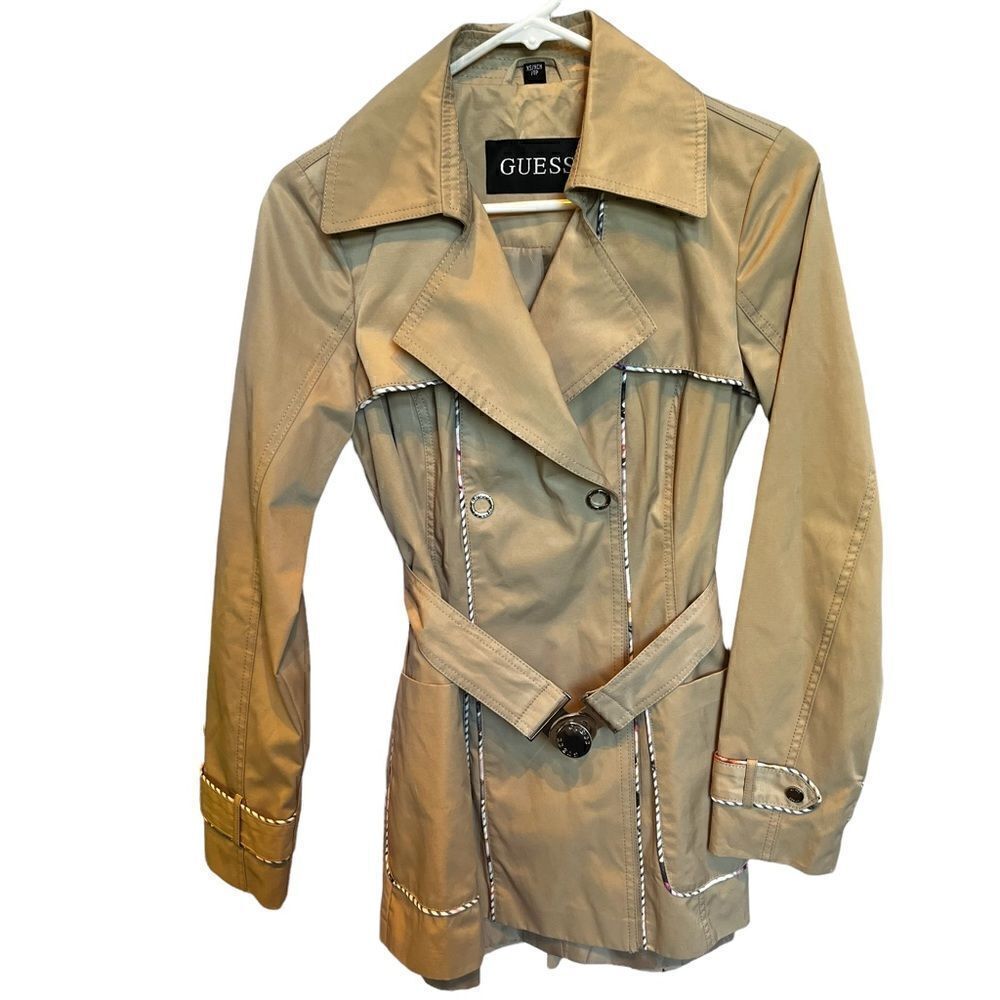 Guess Jacket XS Tan with pink and grey trim lined Snap and belt closure NWOT